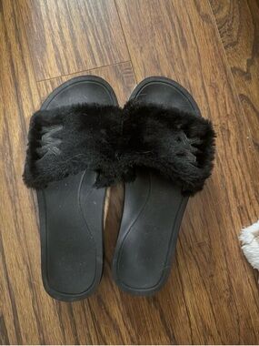 Michael Kors Black Faux Fur Slide Sandals